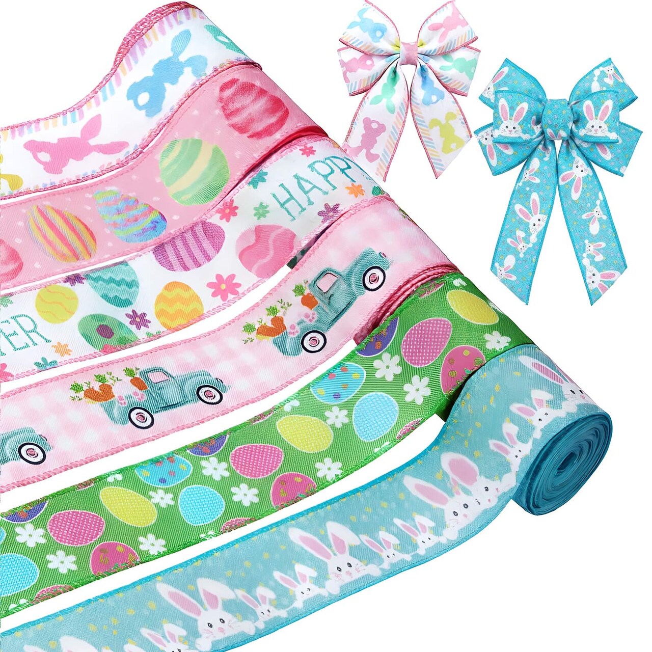 6 Rolls 30 Yards Easter Wired Edge Ribbons Colorful Easter Egg Bunny Rabbit Carrot Truck Fabric Burlap Ribbons for Spring Holiday Decorations Gift Wrapping Wreath Bows DIY Crafts Making, 2 Inch